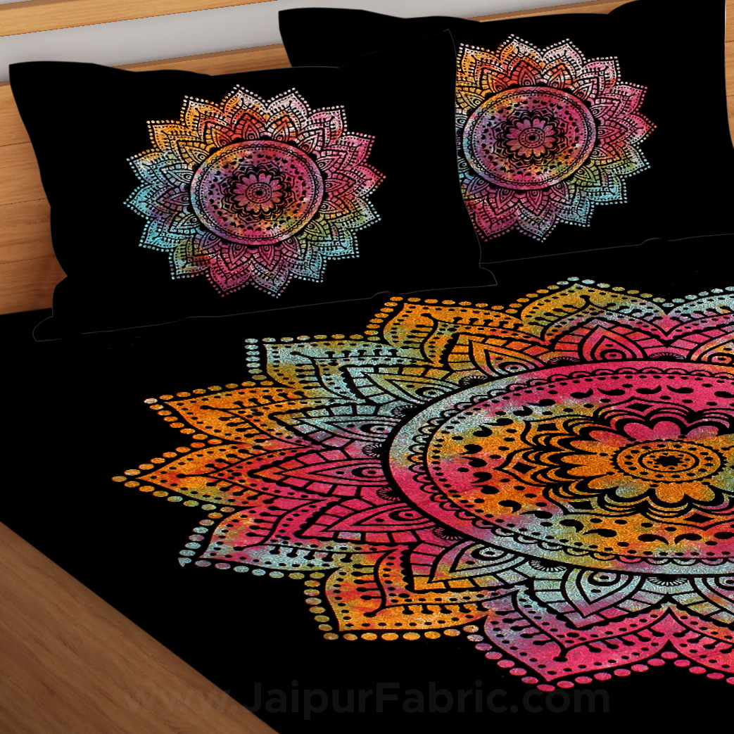 Tie And Dye Big Rangoli Print Black & White Bedsheet