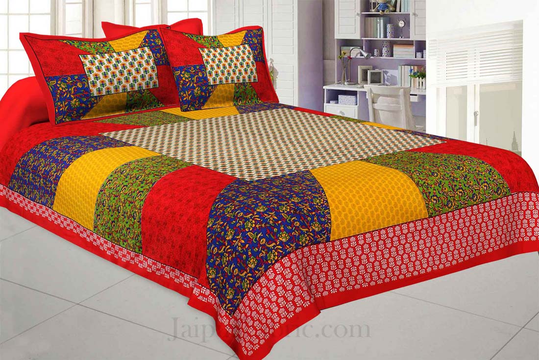 Festive Red Multi Color Stripe Printed Cotton Bedsheet