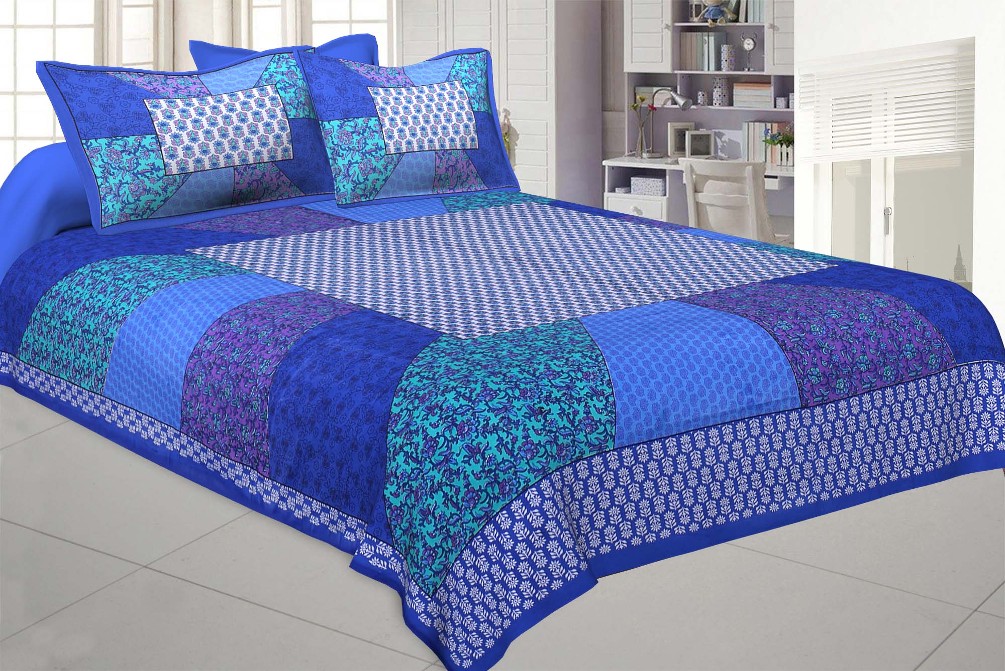 Festive Blue Multi Color Stripe Printed Cotton Bedsheet