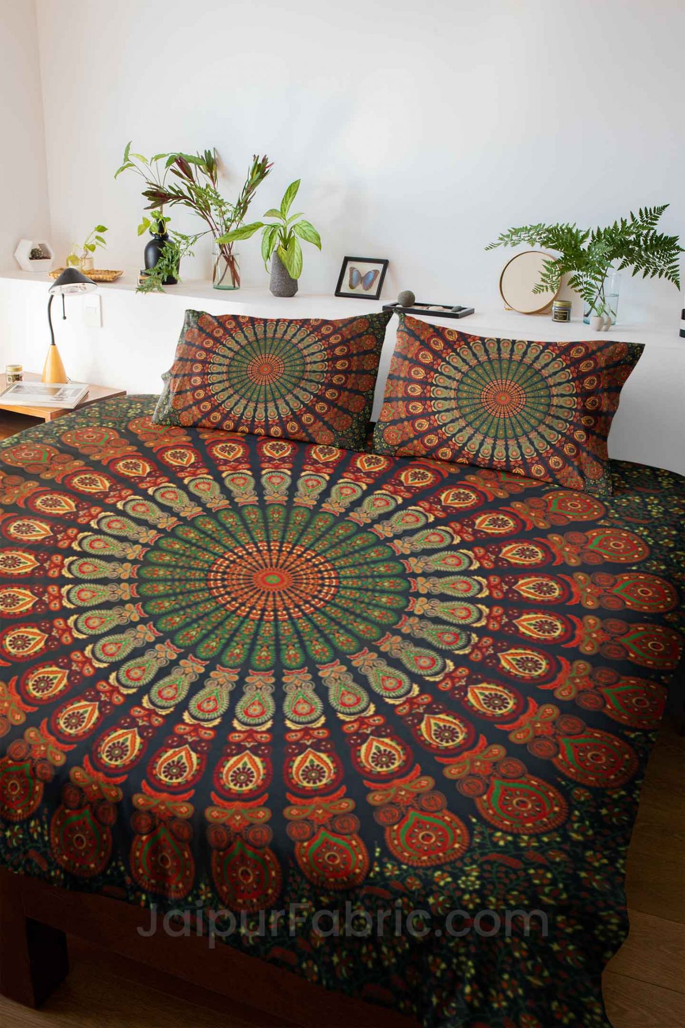 Green Mandala Double Bedsheet Tapestry with 2 Pillow Covers