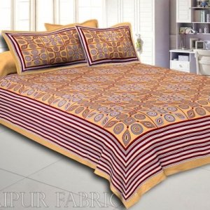 Brown Border Brown Base Multi Shape Pattern Screen Print Cotton Double Bed Sheet