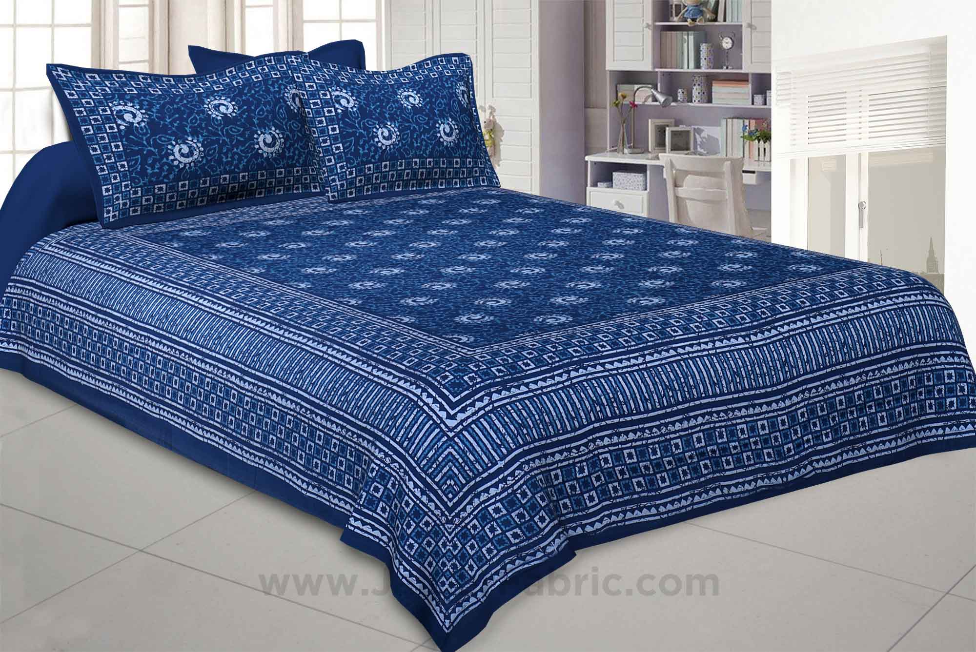 Royal Blue Rangoli Pure Cotton Jaipuri Dabu Print Bedsheet