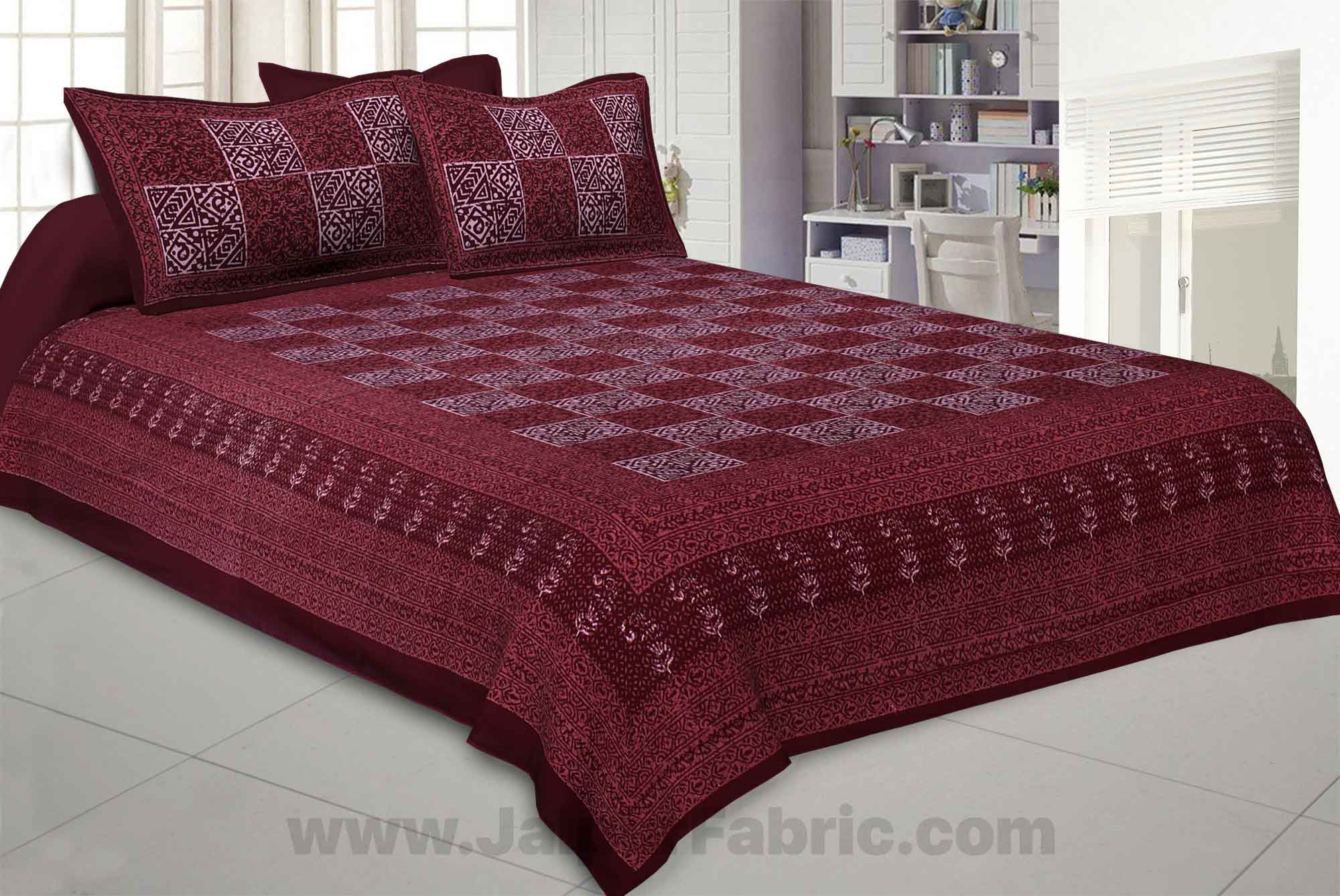 Maroon Check Pure Cotton Jaipuri Dabu Print Bedsheet