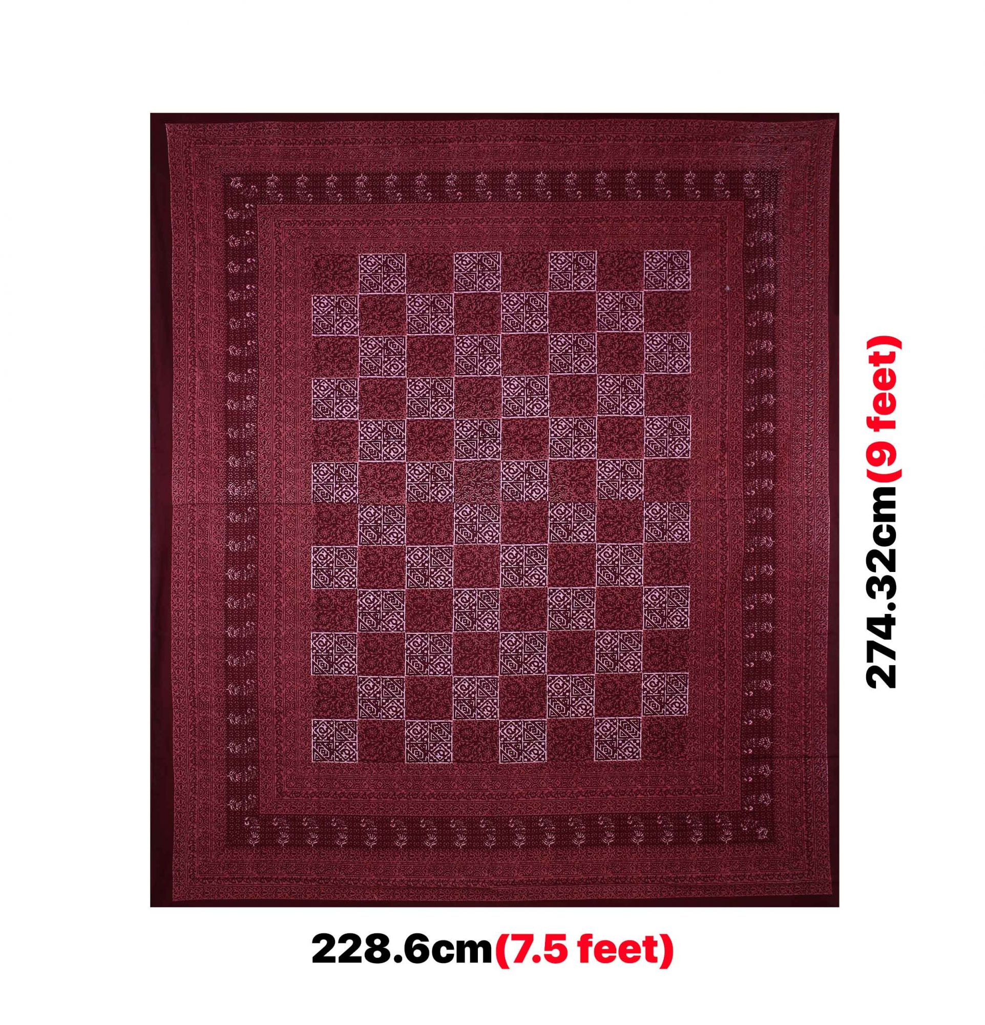 Maroon Check Pure Cotton Jaipuri Dabu Print Bedsheet