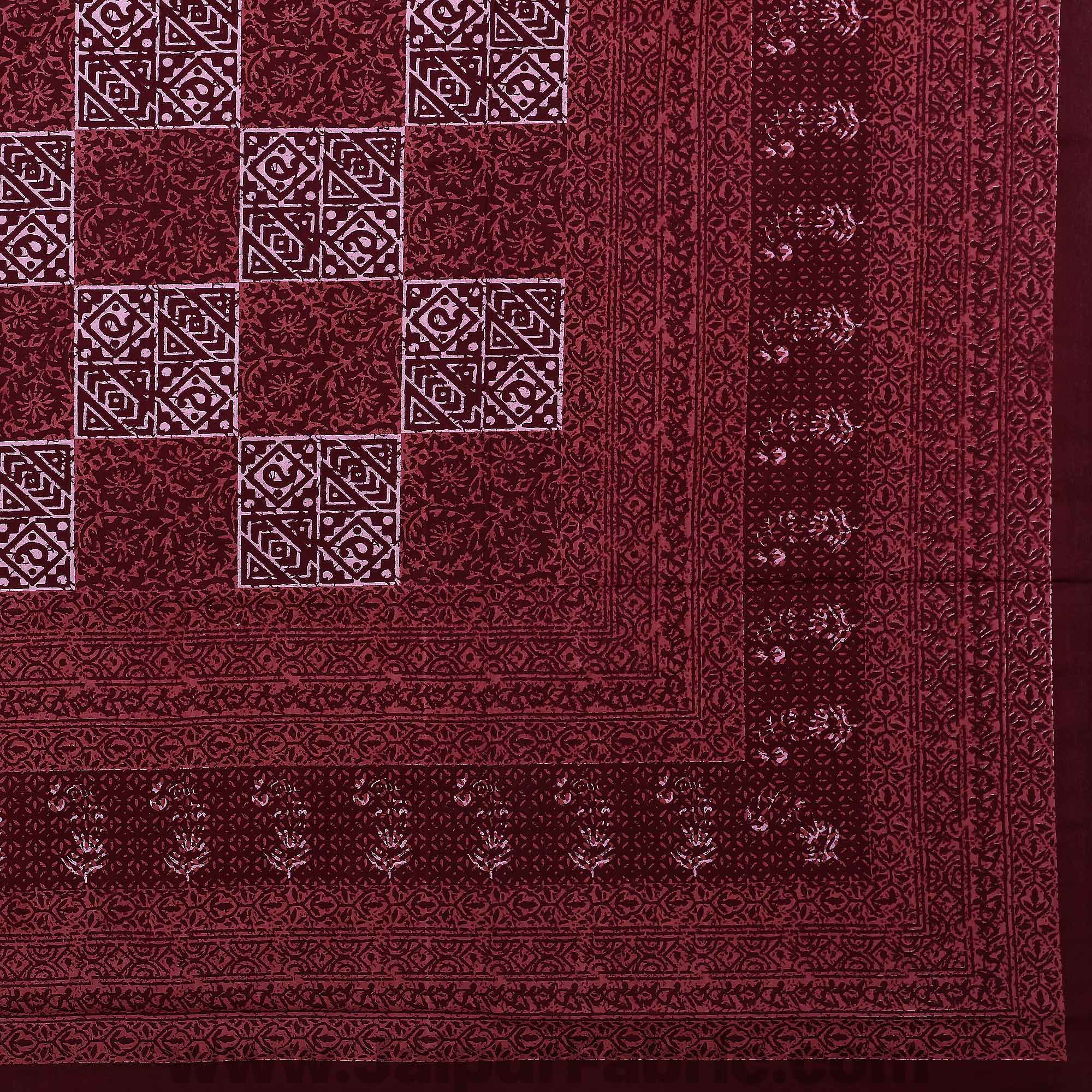 Maroon Check Pure Cotton Jaipuri Dabu Print Bedsheet