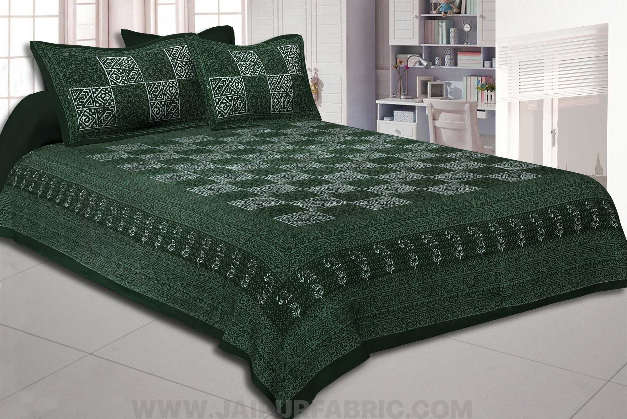 Green Check Pure Cotton Jaipuri Dabu Print Bedsheet