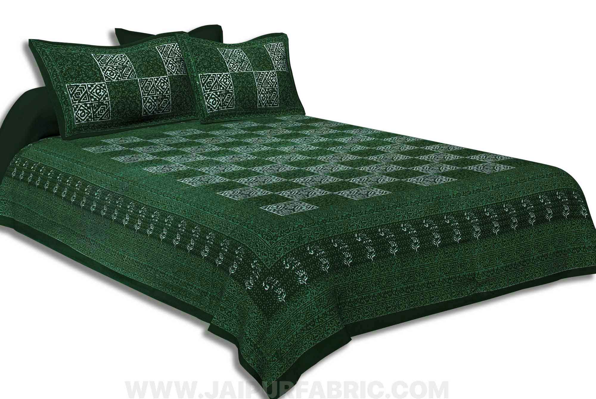 Green Check Pure Cotton Jaipuri Dabu Print Bedsheet