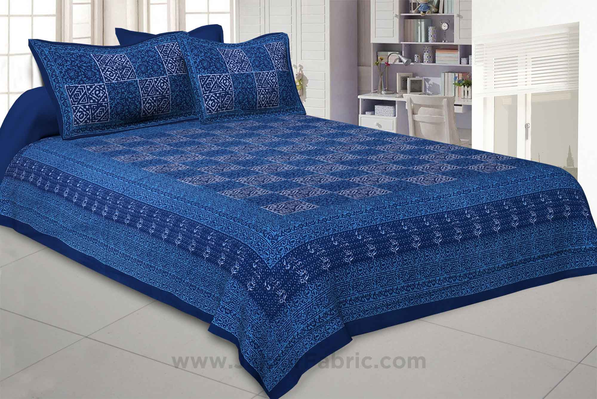 Royal Blue Check Pure Cotton Jaipuri Dabu Print Bedsheet