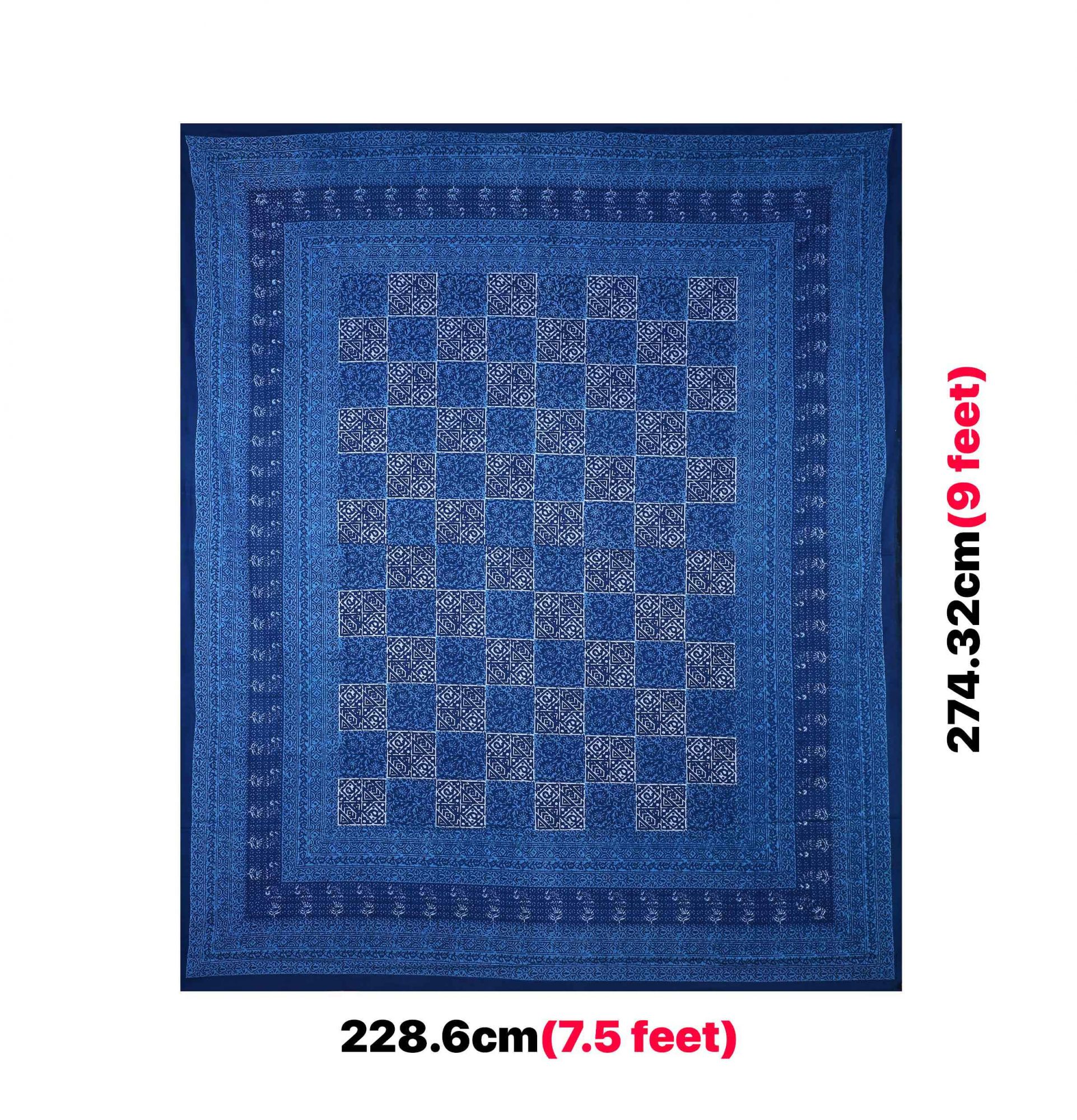 Royal Blue Check Pure Cotton Jaipuri Dabu Print Bedsheet