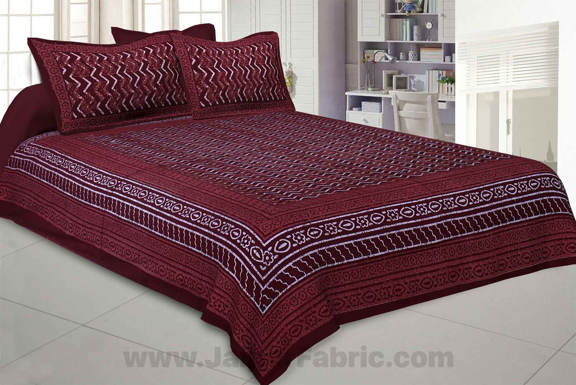 Maroon Zigzag Pure Cotton Jaipuri Dabu Print Bedsheet