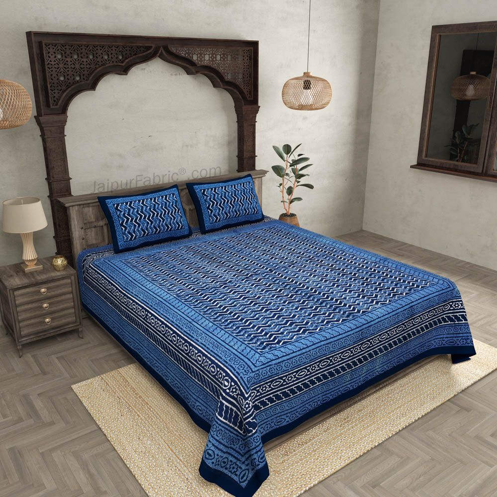 Royal Blue Zigzag  Pure Cotton Jaipuri Dabu Print Bedsheet