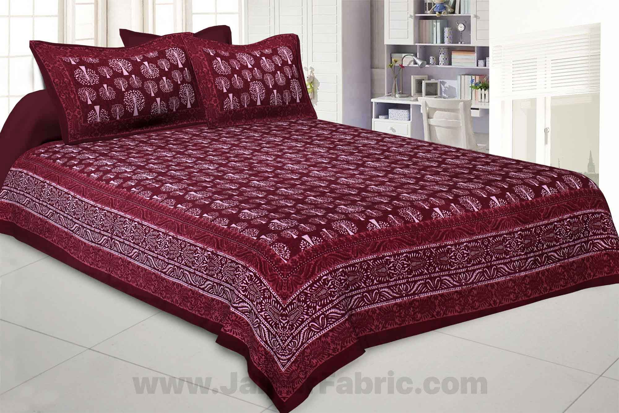 Maroon Palm Tree Pure Cotton Jaipuri Dabu Print Bedsheet