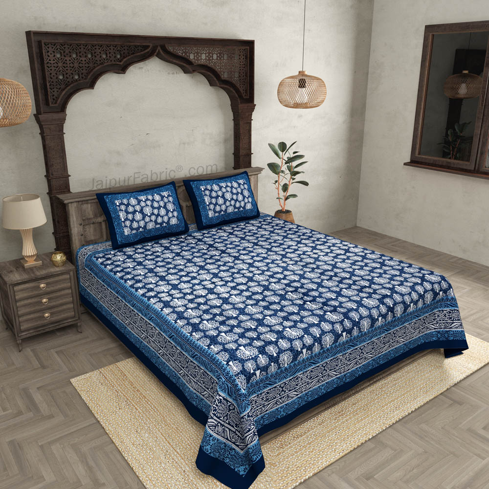 Dark Grey Palm Tree Pure Cotton Jaipuri Dabu Print Bedsheet