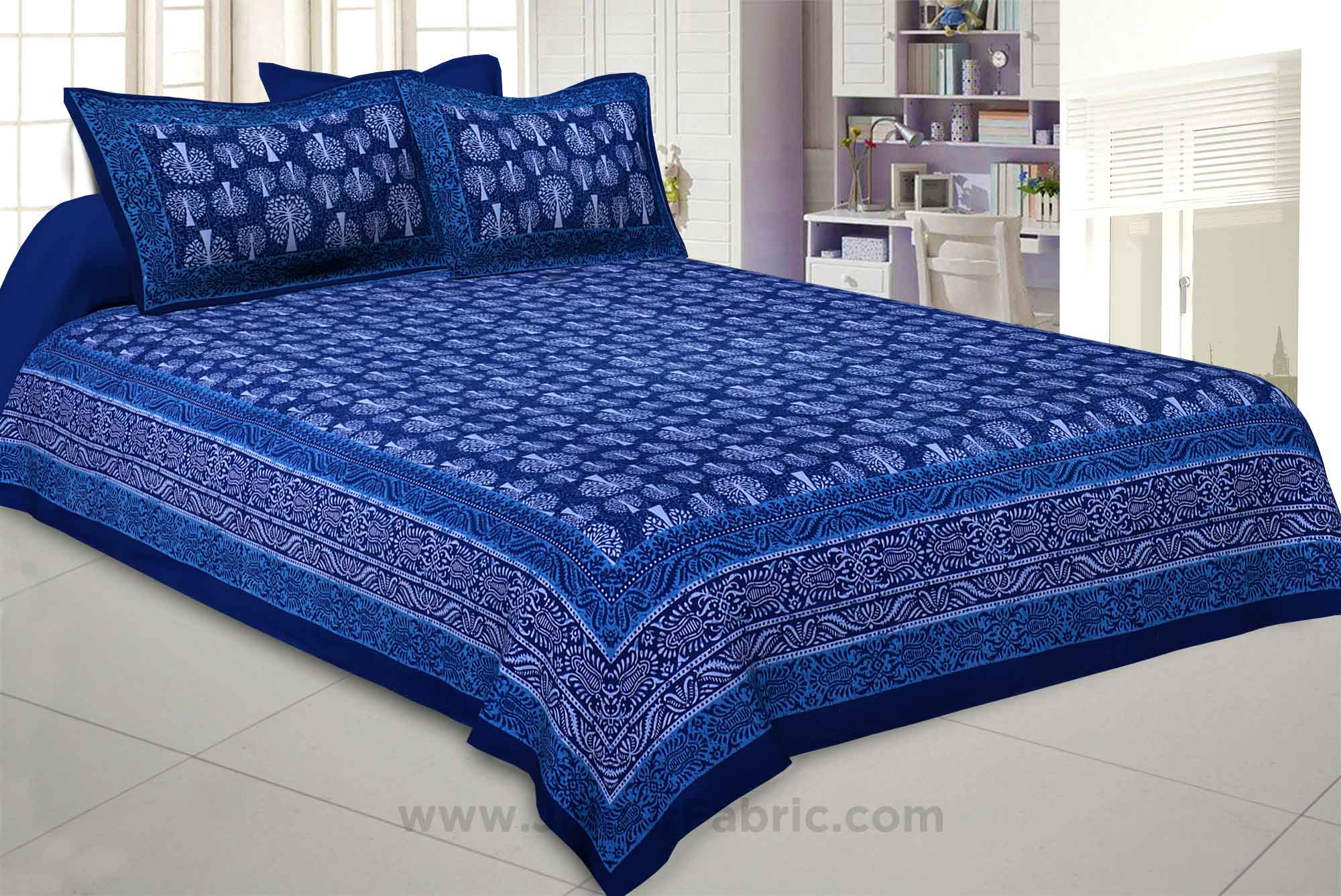 Royal Blue Palm Tree Pure Cotton Jaipuri Dabu Print Bedsheet