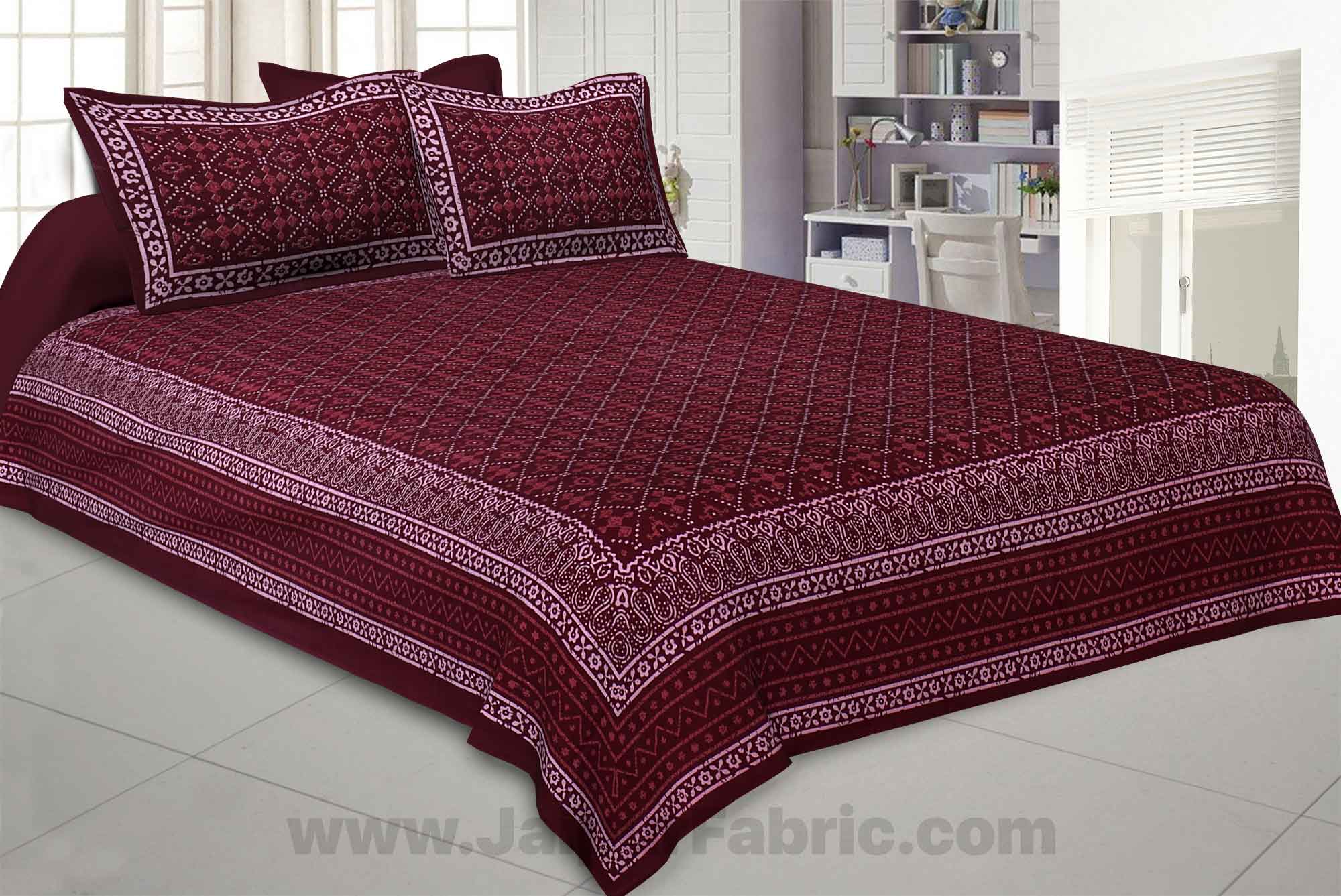 Maroon Retro Print Pure Cotton Jaipuri Dabu  Bedsheet