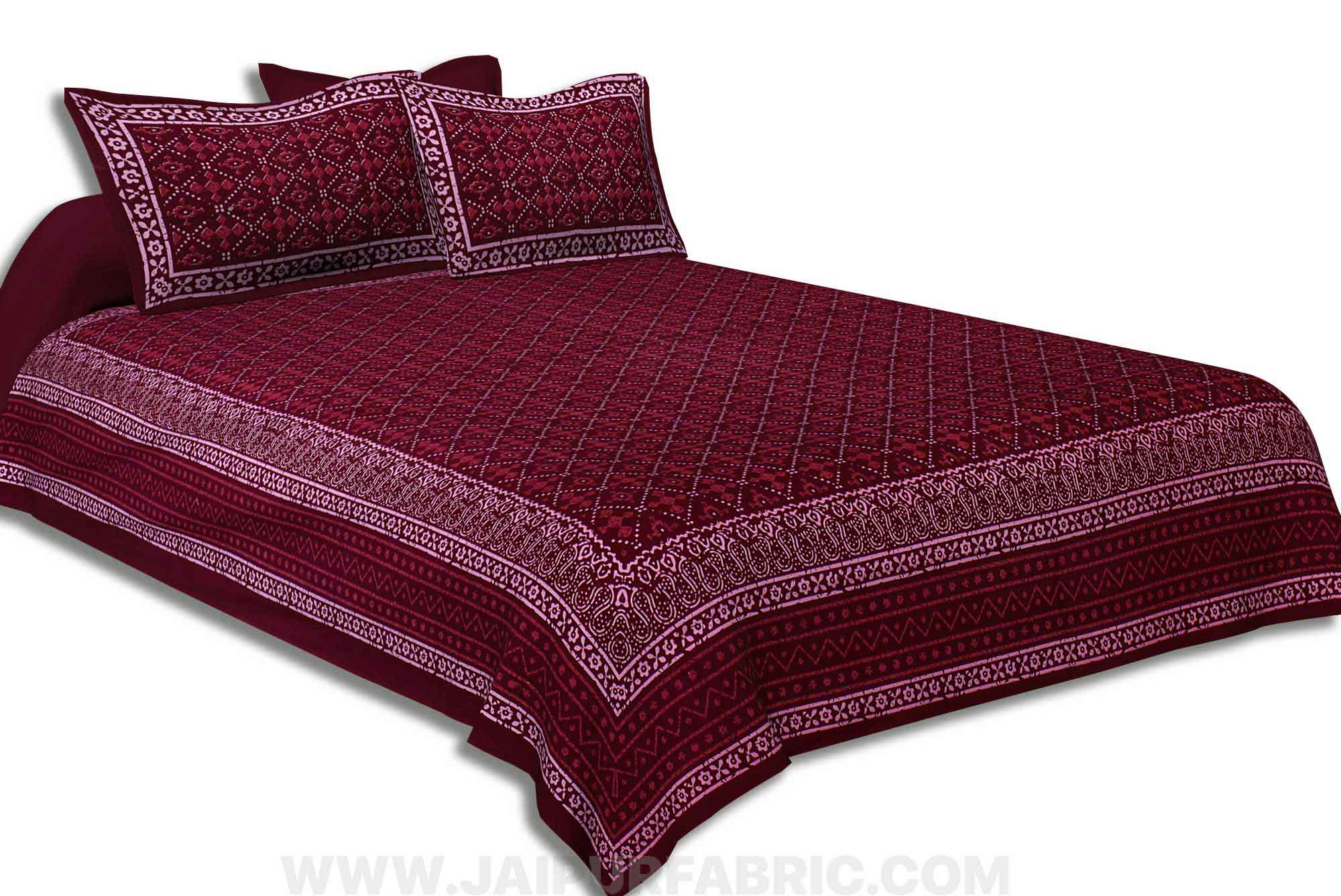 Maroon Retro Print Pure Cotton Jaipuri Dabu  Bedsheet