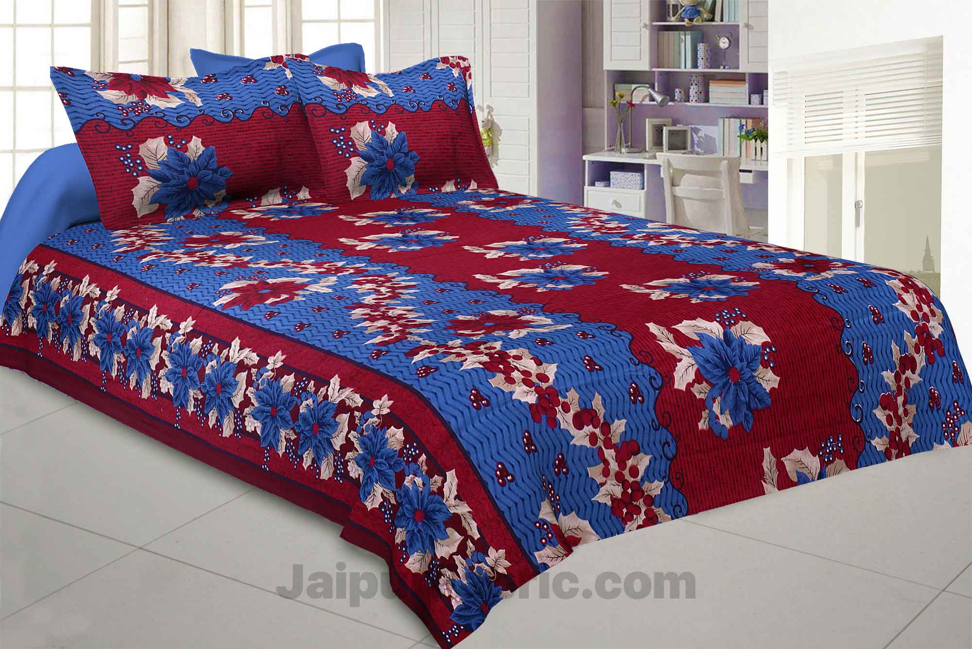 Pure Cotton Maroon and Blue Floral Jaipuri Procian Bedsheet