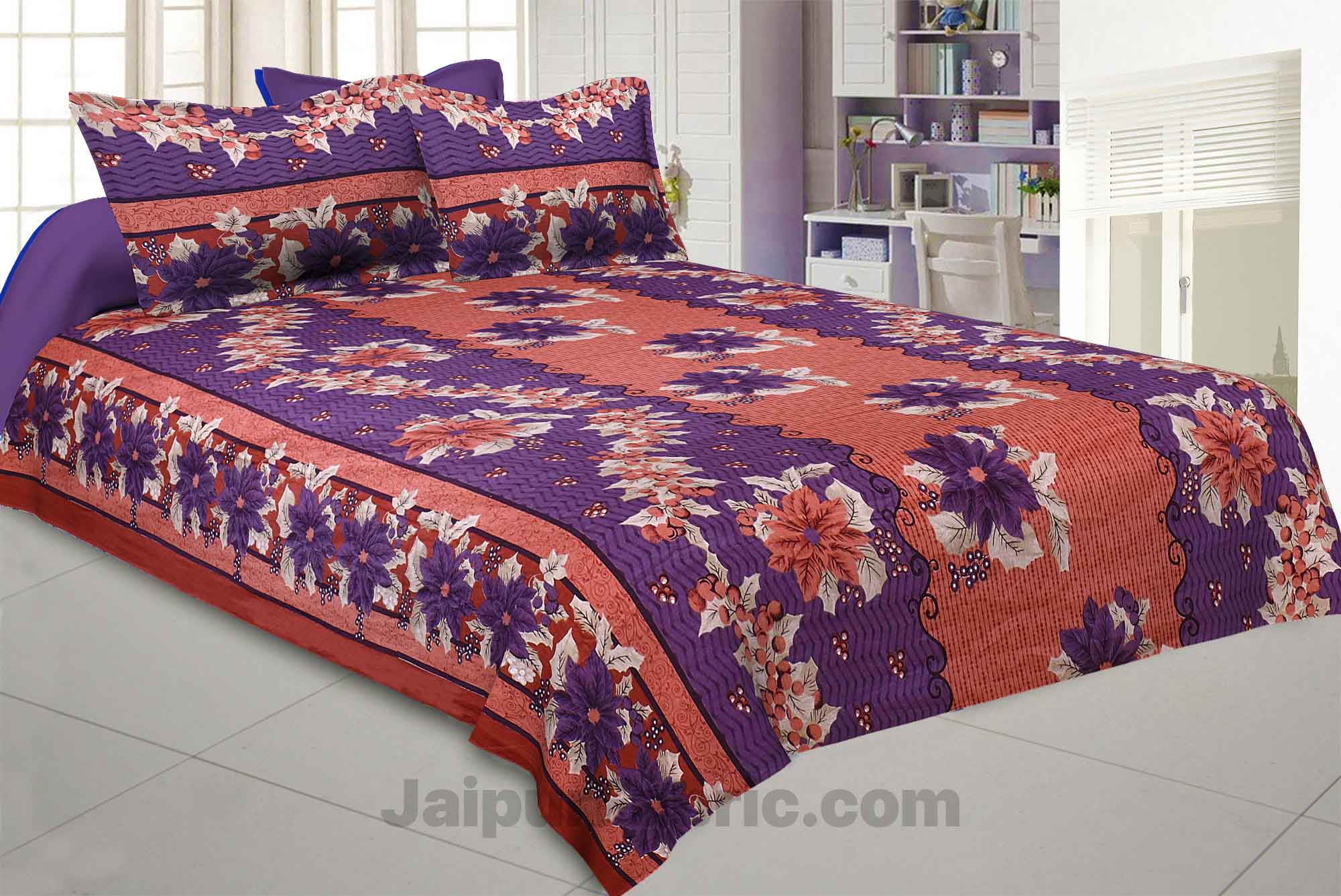 Pure Cotton Rusty and Purple Floral Jaipuri Procian Bedsheet