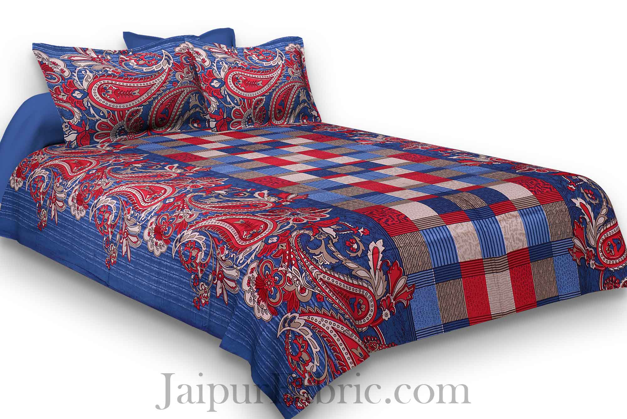 Pure Cotton Blue Checks and Paisley Floral Jaipuri Procian Bedsheet