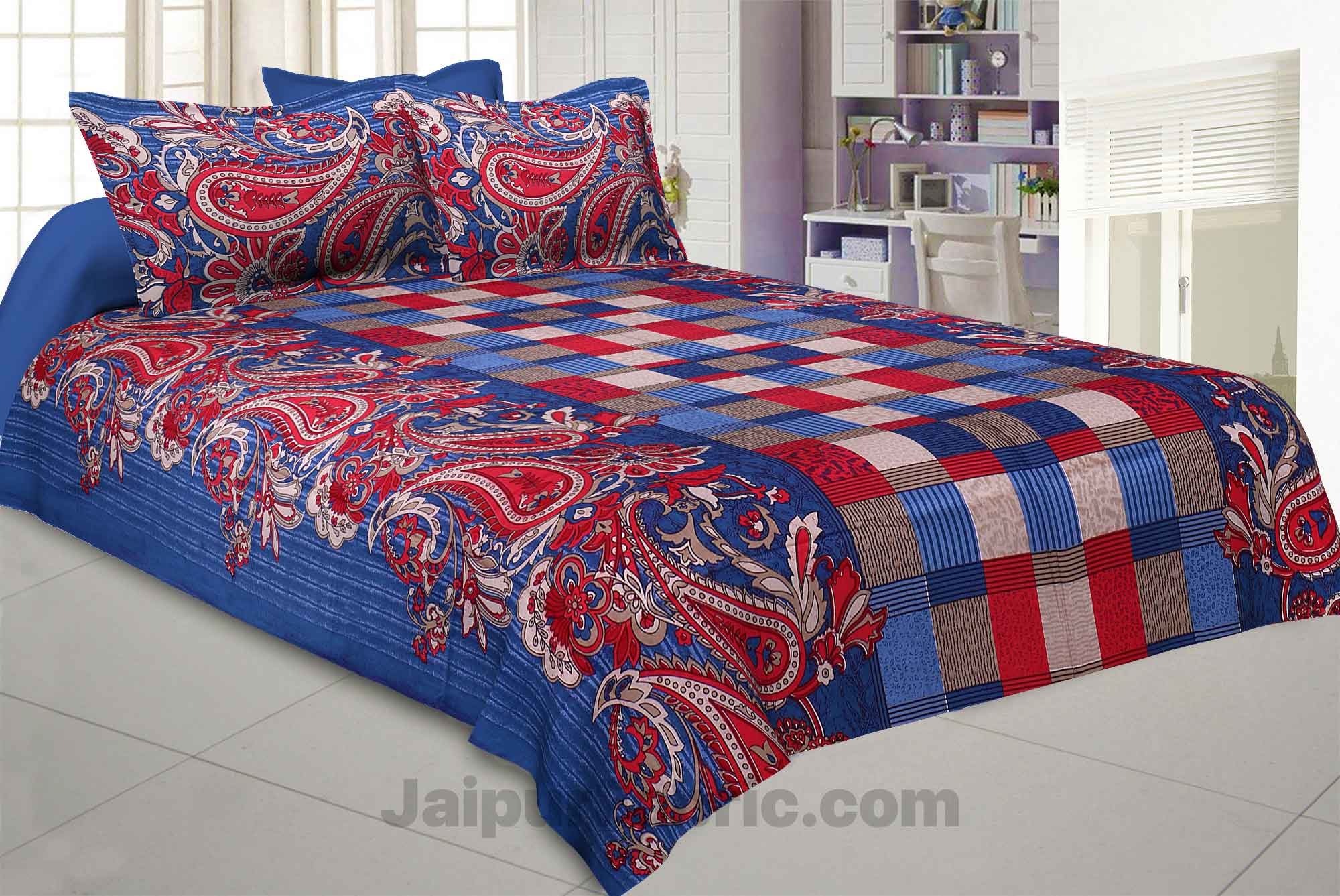 Pure Cotton Blue Checks and Paisley Floral Jaipuri Procian Bedsheet