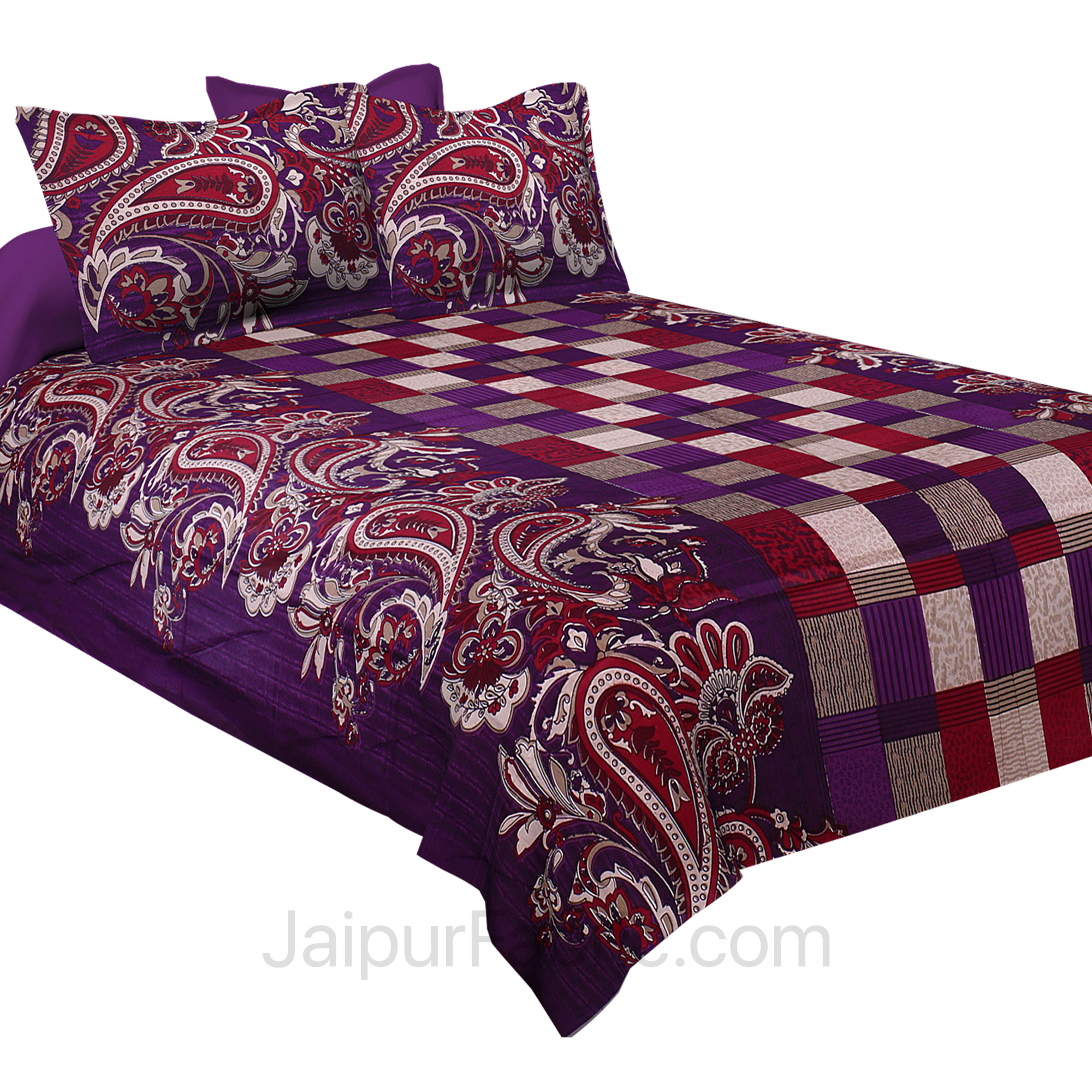 Pure Cotton Purple Checks and Paisley Floral Jaipuri Procian Bedsheet