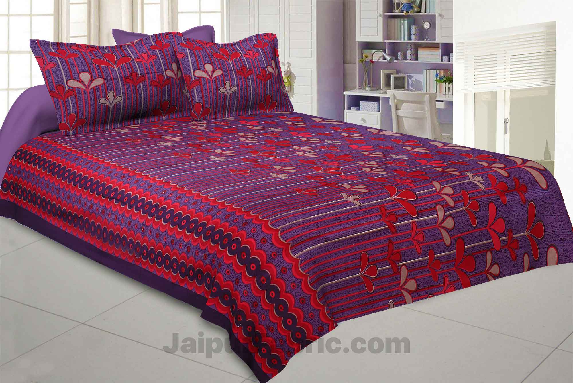 Pure Cotton Purple Base Red Leaves Print Jaipuri Procian Bedsheet