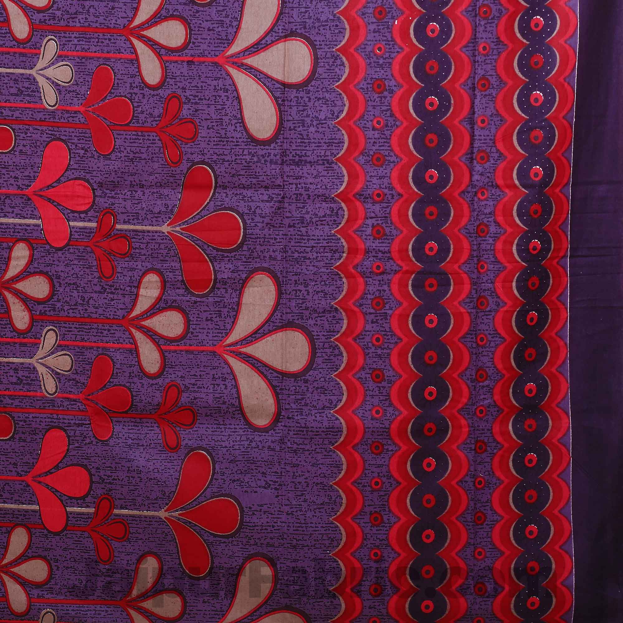 Pure Cotton Purple Base Red Leaves Print Jaipuri Procian Bedsheet