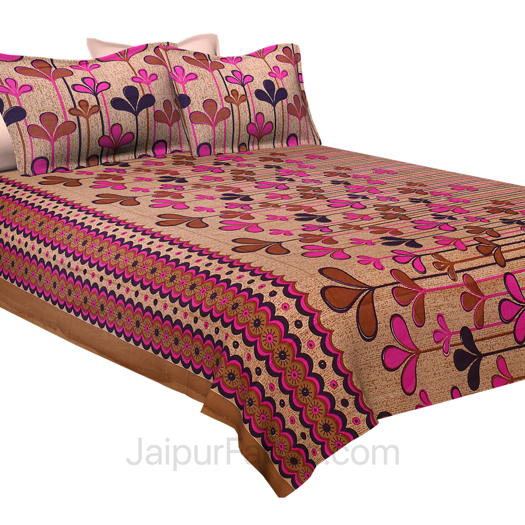 Pure Cotton Brwon Base Pink Leaves Print Jaipuri Procian Bedsheet