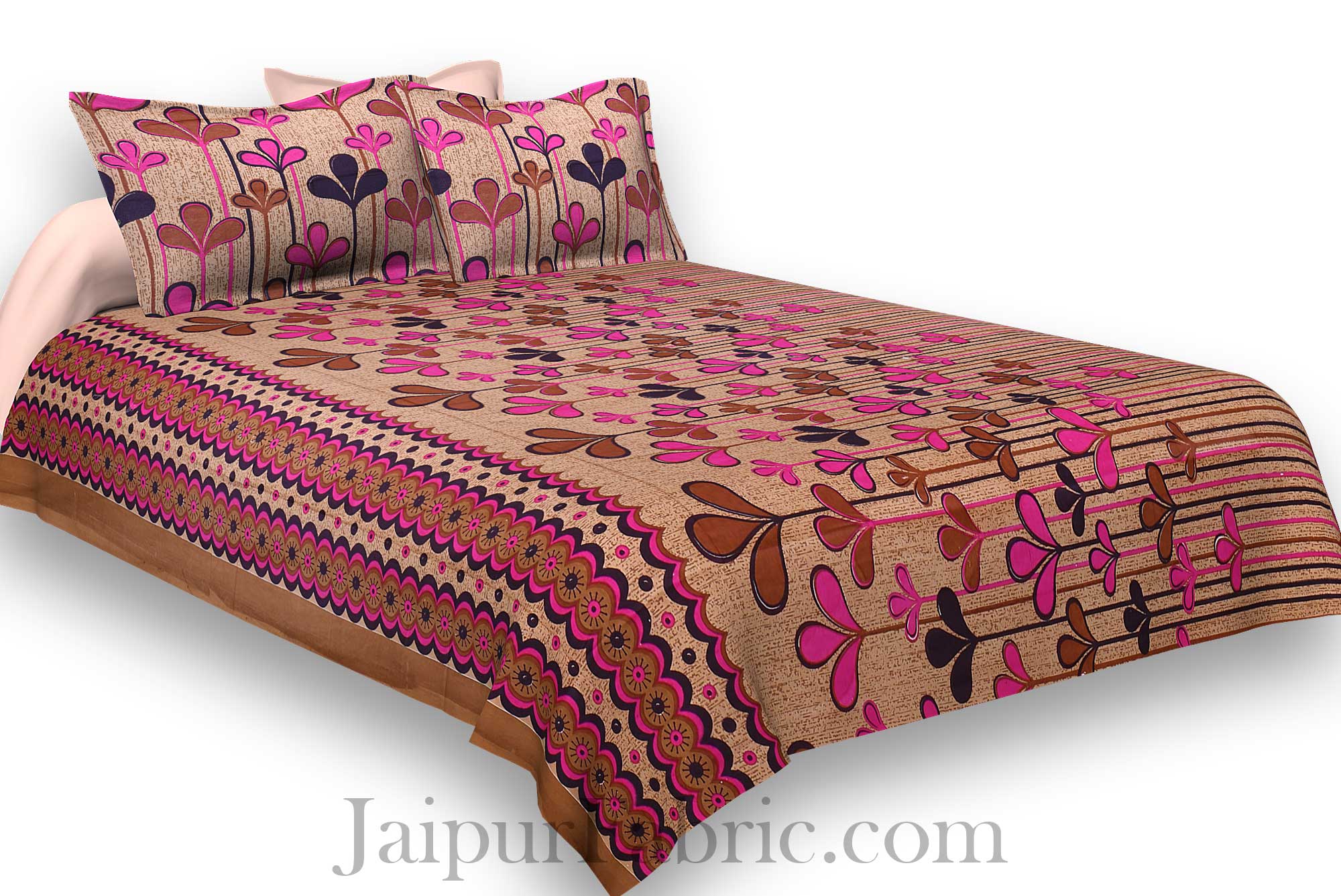 Pure Cotton Brwon Base Pink Leaves Print Jaipuri Procian Bedsheet