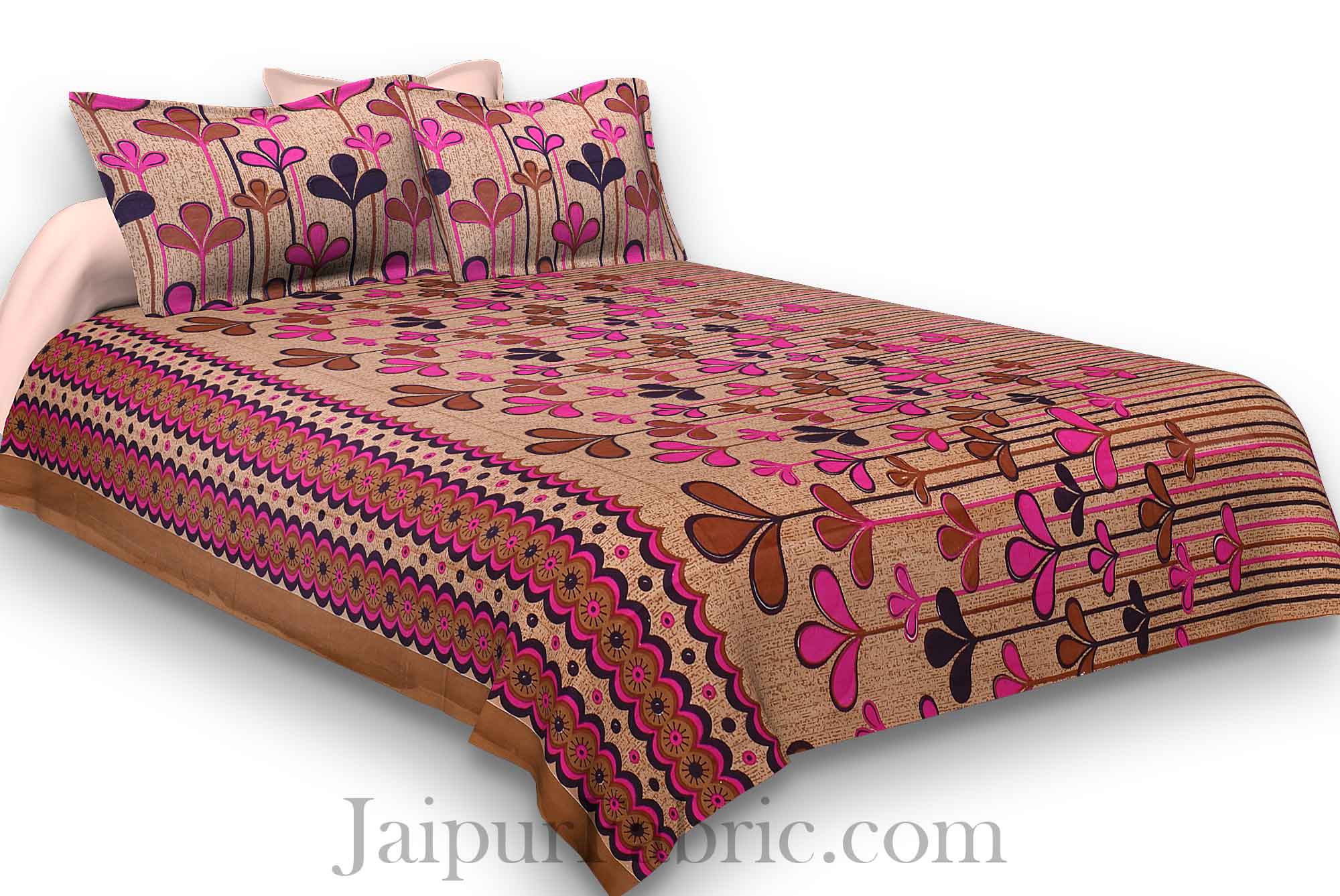 Pure Cotton Brwon Base Pink Leaves Print Jaipuri Procian Bedsheet