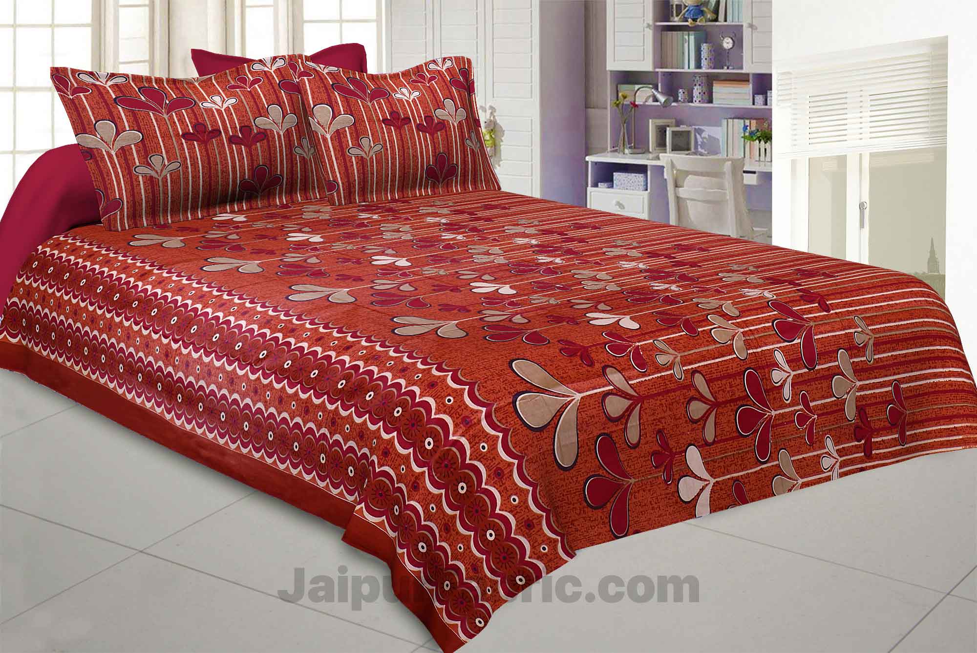 Pure Cotton Chery Base Red Leaves Print Jaipuri Procian Bedsheet