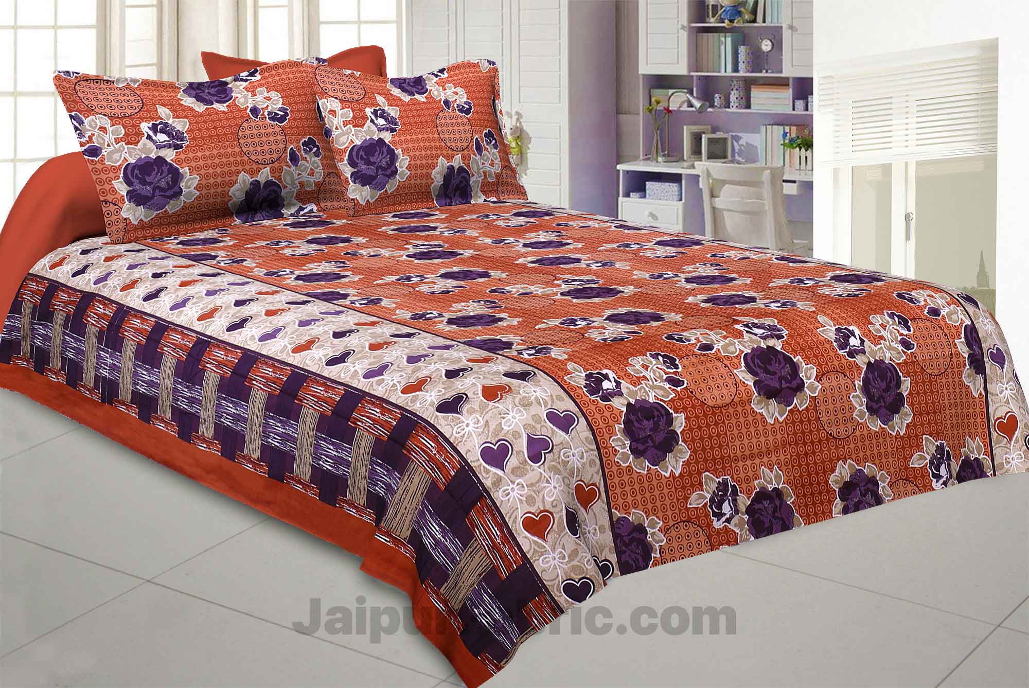 Pure Cotton Brown Base Purple Floral Jaipuri Procian Bedsheet