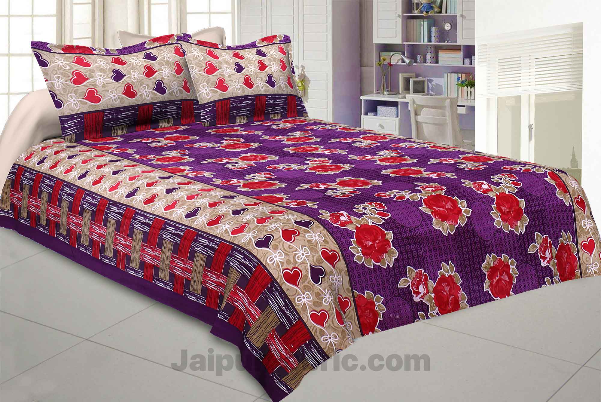 Pure Cotton Purple Base Red Floral Jaipuri Procian Bedsheet