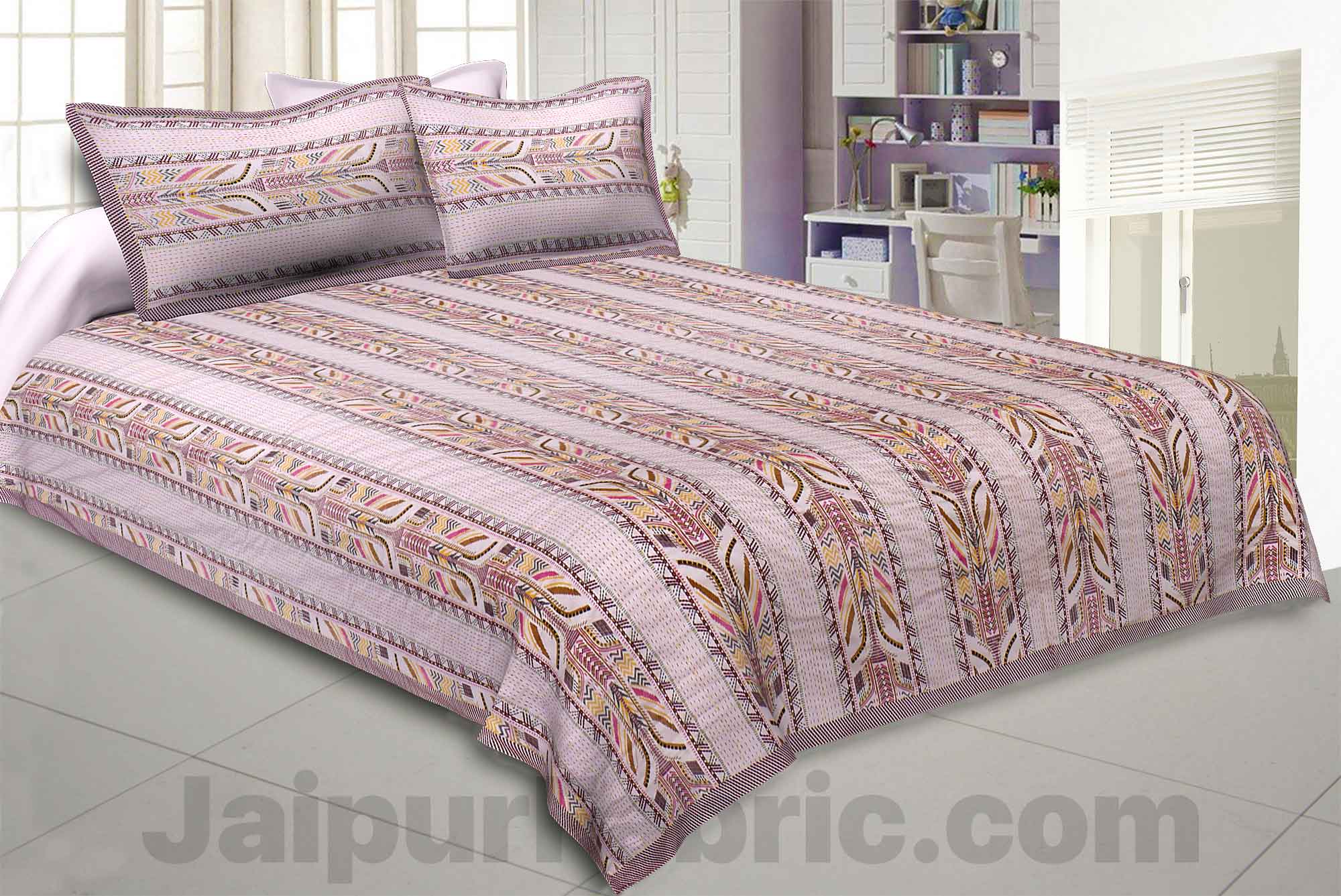 Pinkish Grey Lineal Style Kantha Thread Work Embroidery Double Bedsheet / Dohar / Light Blanket / Thin Comforter