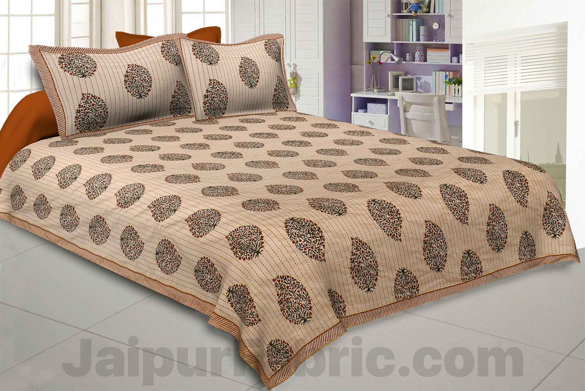 Floral Paisley Kantha Thread Work Embroidery Double Bedsheet / Dohar / Light Blanket / Thin Comforter