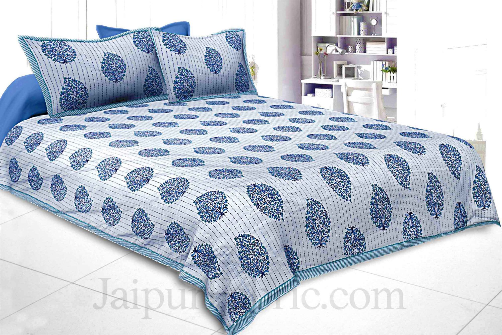 Beautiful Blue Kantha Thread Work Embroidery Double Bedsheet / Dohar / Light Blanket / Thin Comforter