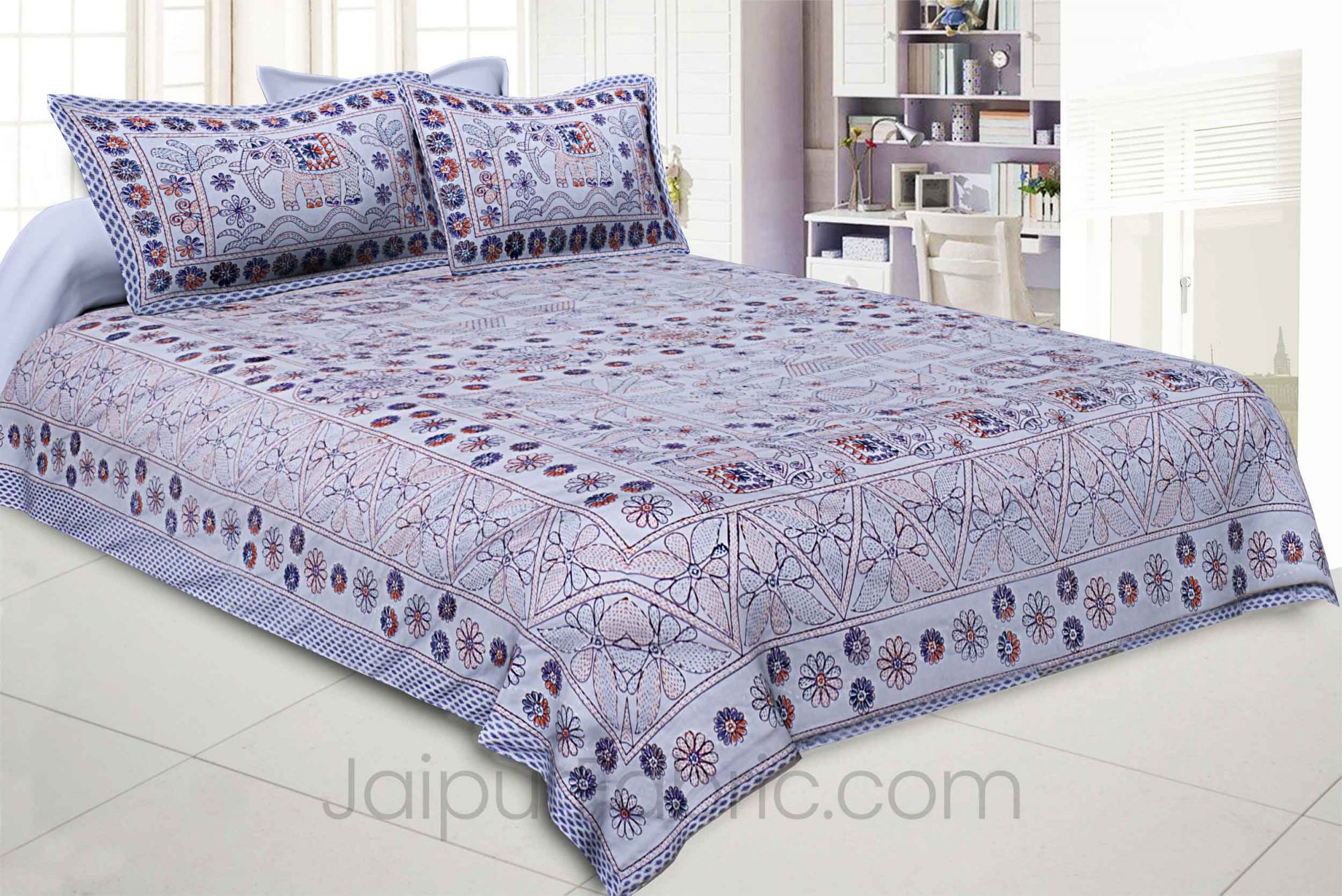 Beautiful Blue Kantha Thread Work Embroidery Double Bedsheet / Dohar / Light Blanket / Thin Comforter