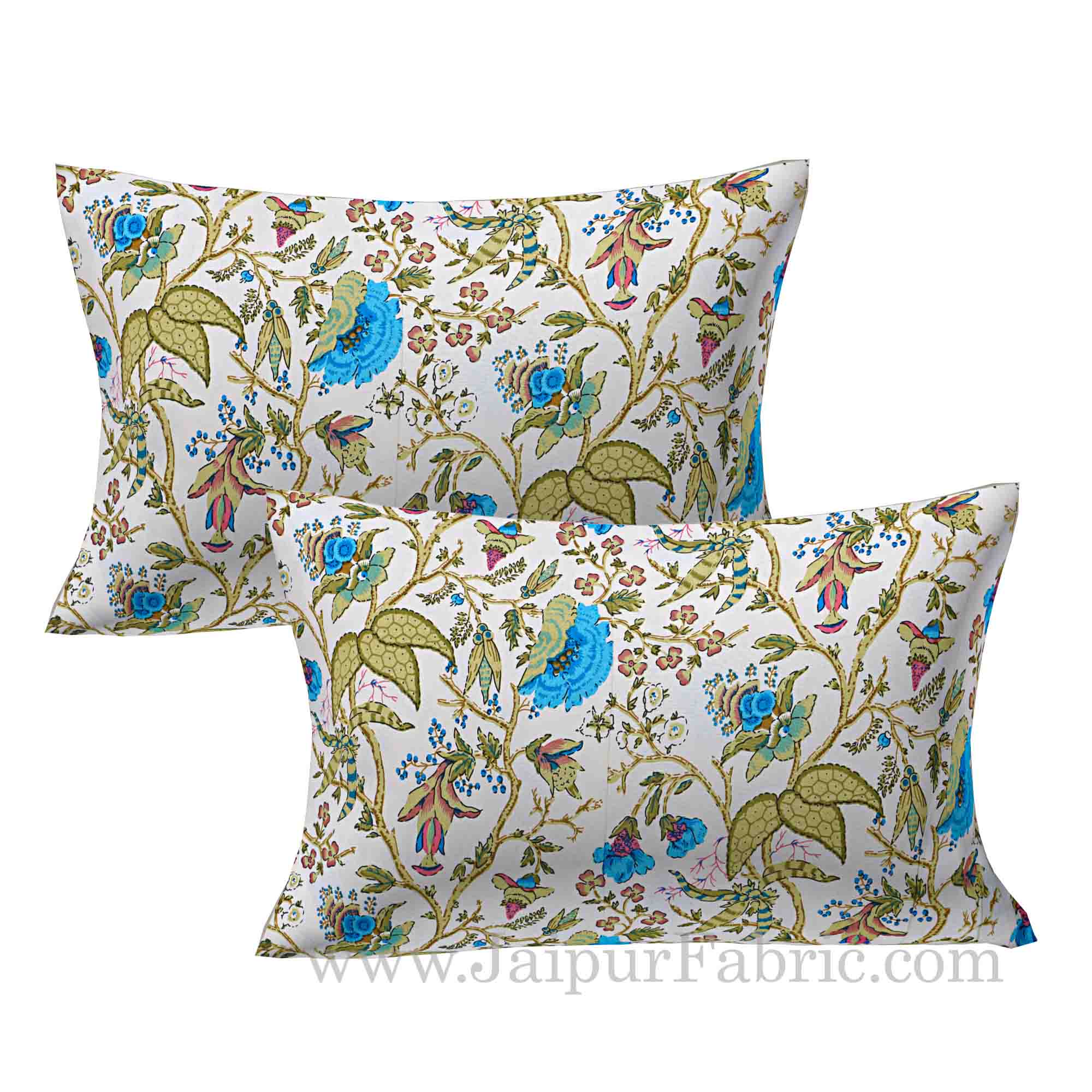 Green Blue Floral Hand Block Print Off White Base Pure Cotton Bedsheet with 2 Pillow Covers