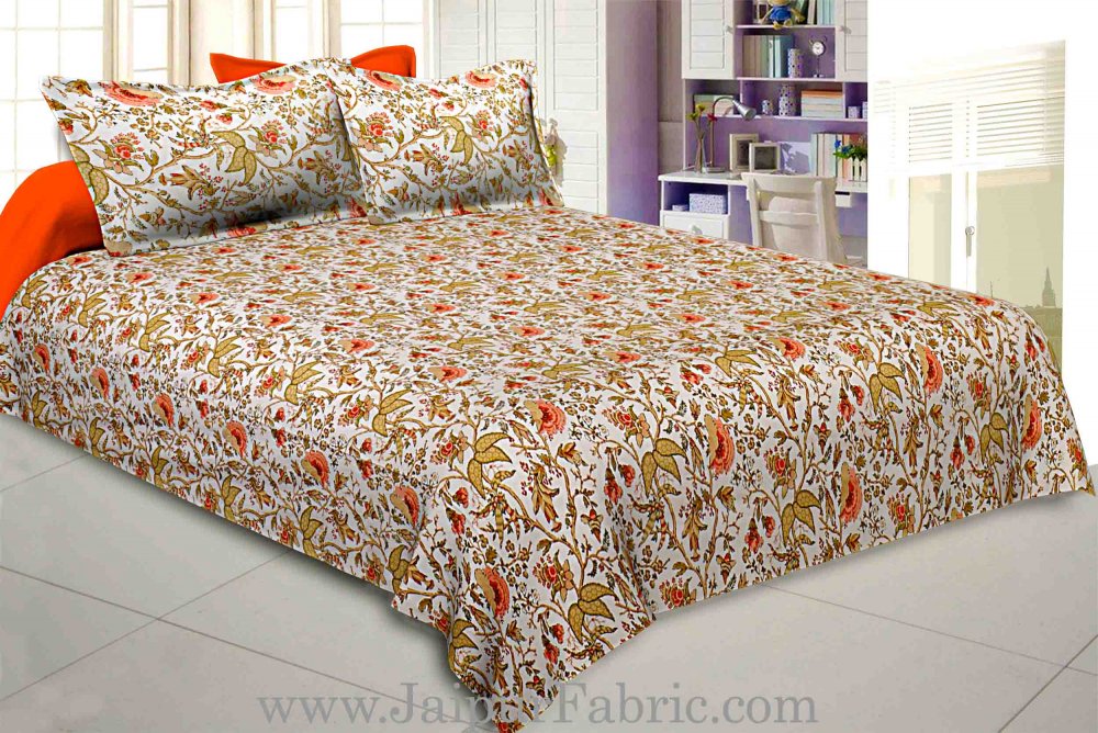 Peach Green Floral Hand Block print Off White Base Pure Cotton Bedsheet with 2 Pillow Covers