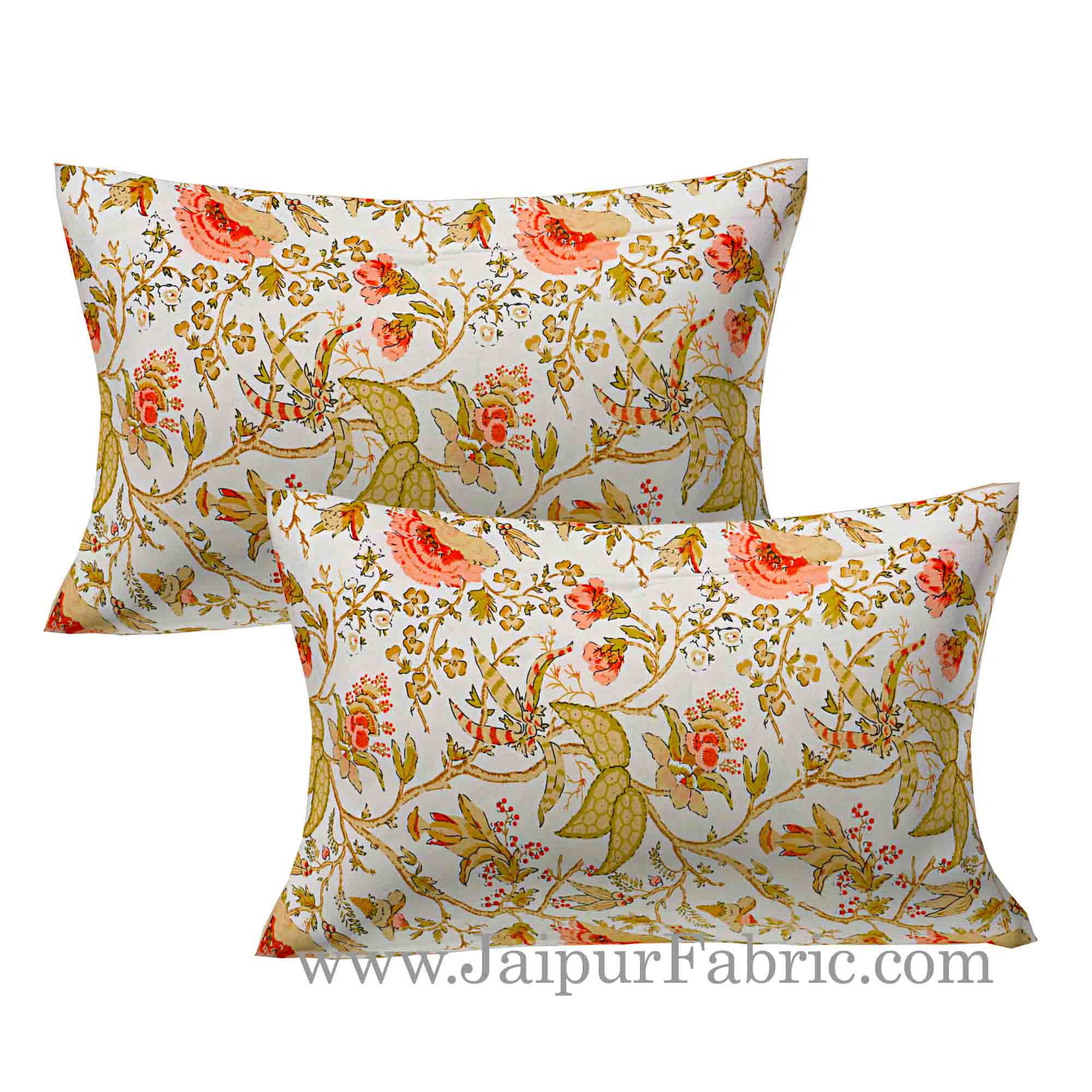 Peach Green Floral Hand Block print Off White Base Pure Cotton Bedsheet with 2 Pillow Covers