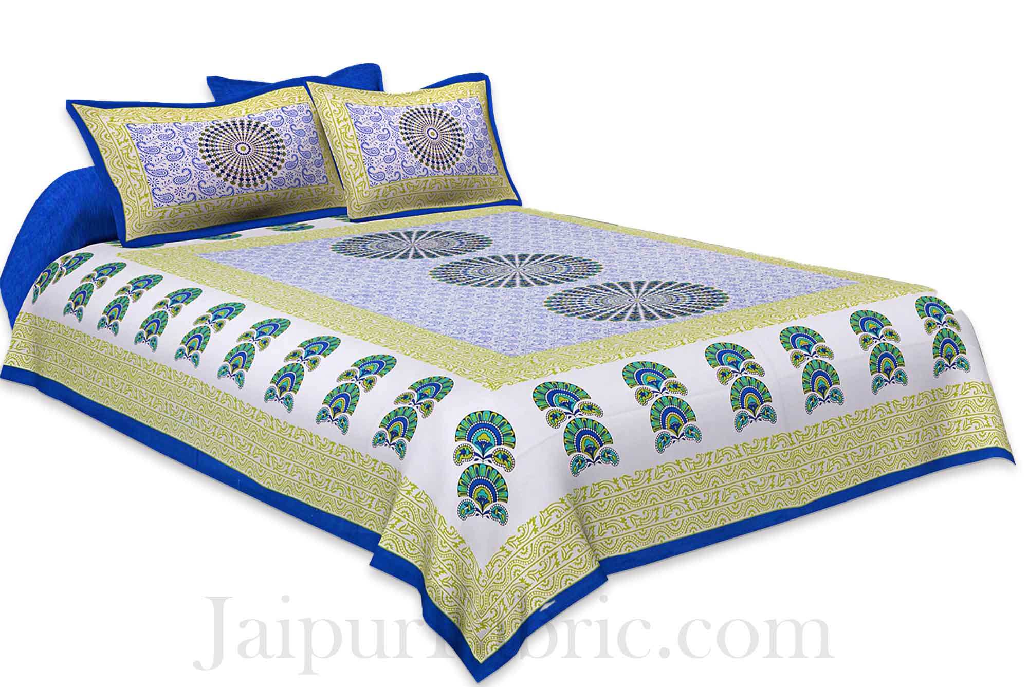 Blue Border Sanganeri Printed Cotton Double Bed Sheet