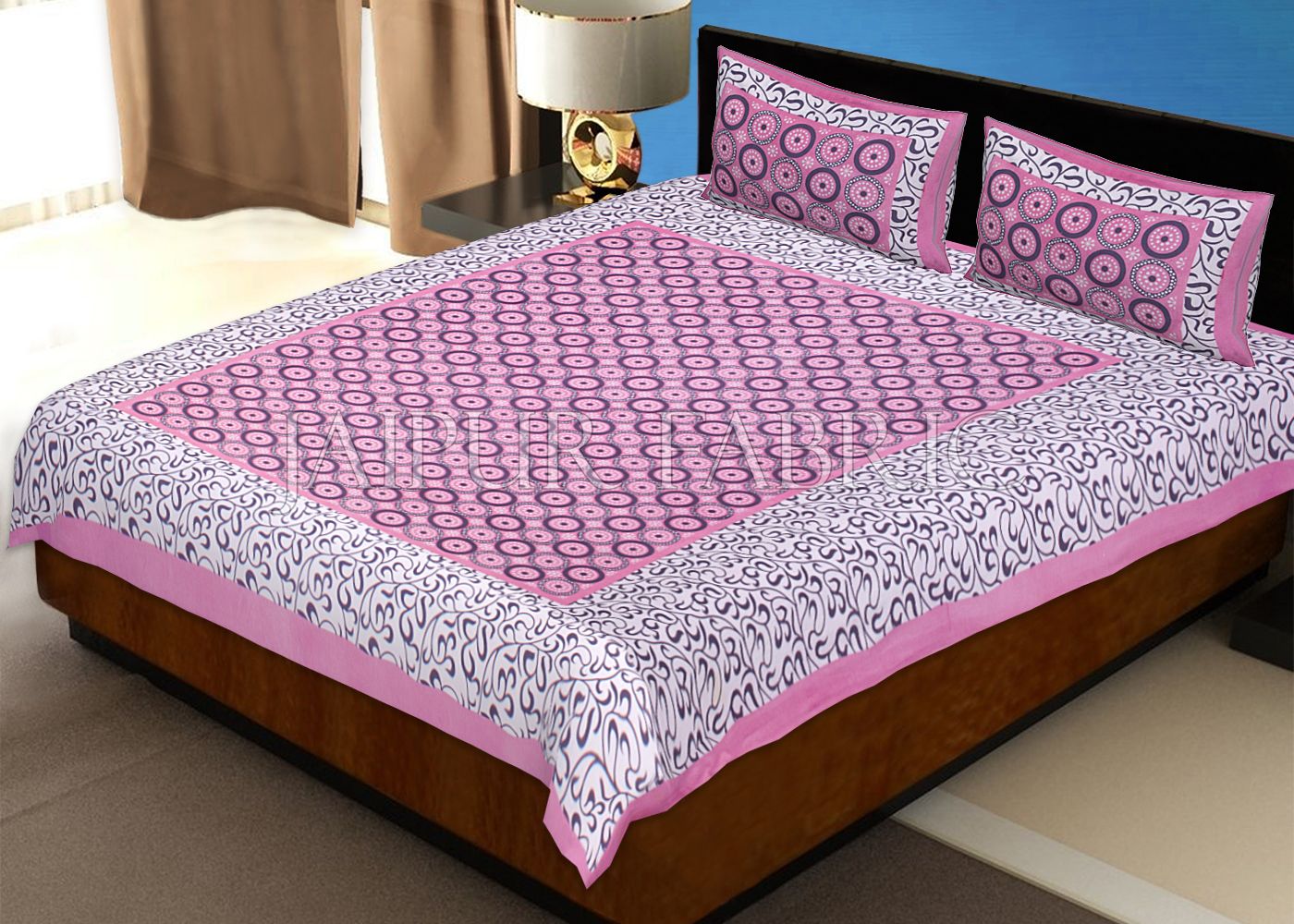 Pink Border Dotted Circle and Tropical Printed Cotton Double Bed Sheet