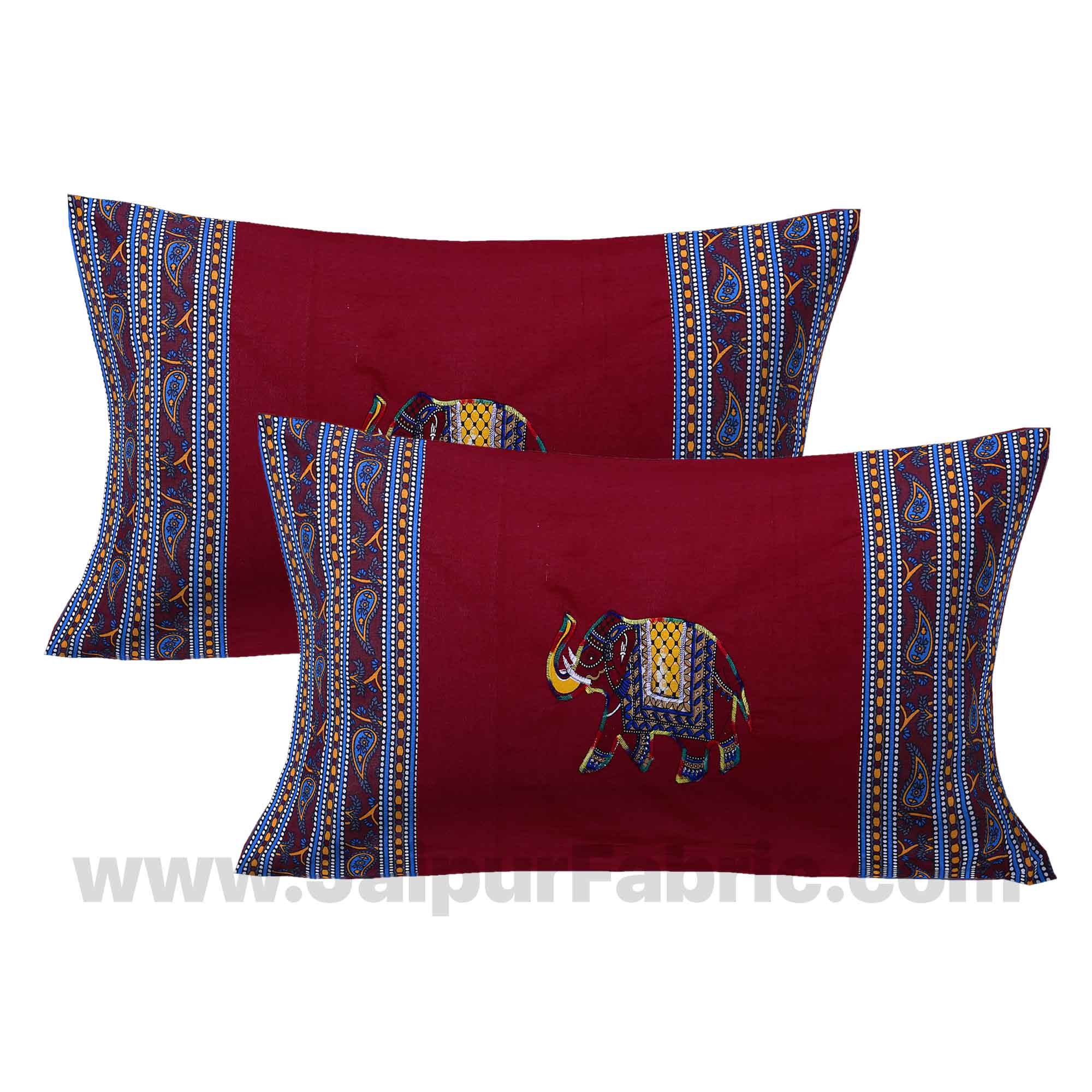 Applique Maroon Elephant Jaipuri  Hand Made Embroidery Patch Work Double Bedsheet