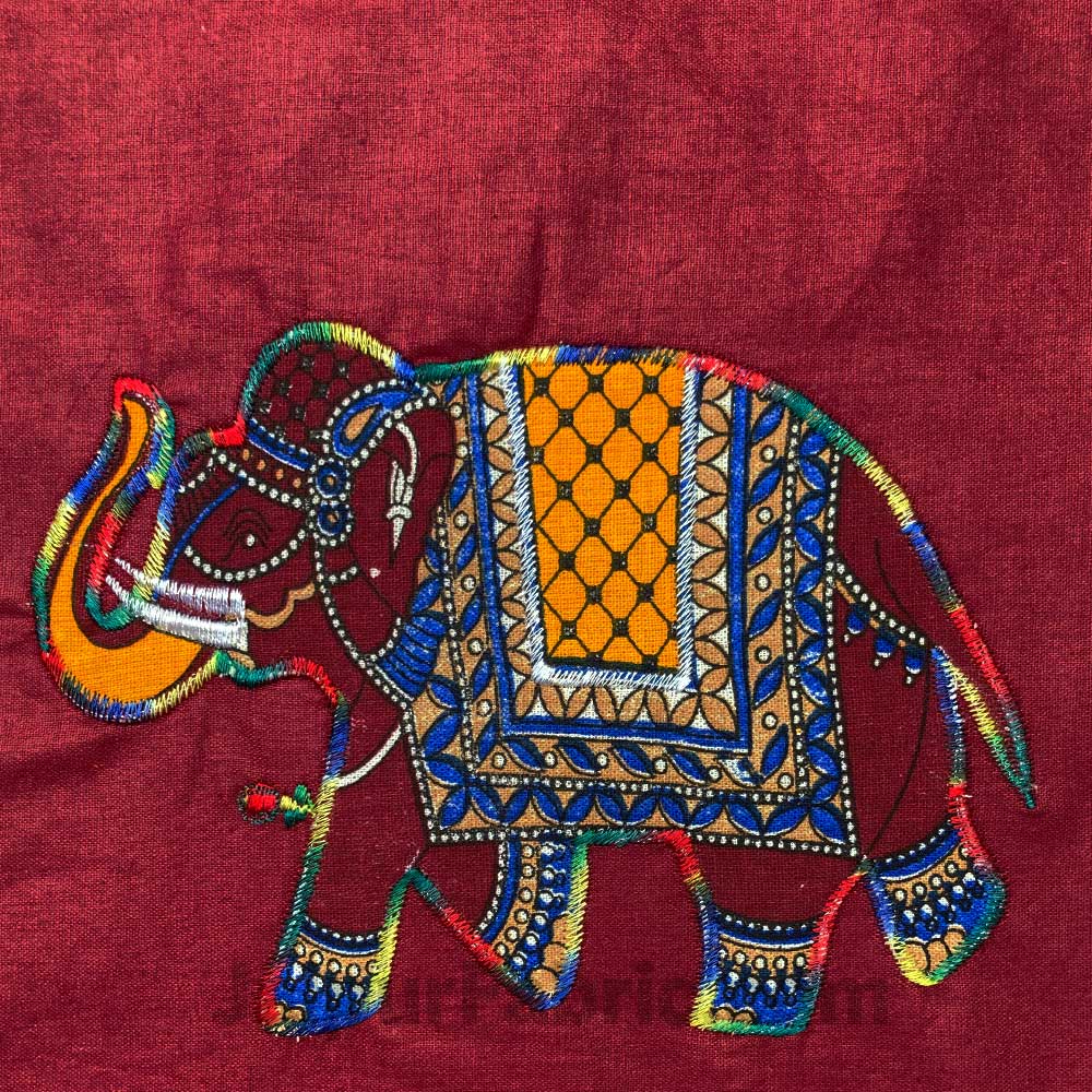 Applique Maroon Elephant Jaipuri  Hand Made Embroidery Patch Work Double Bedsheet