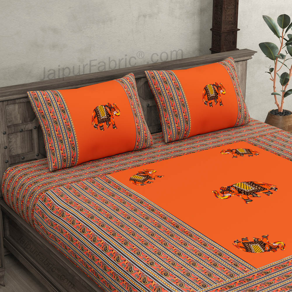 Applique Orange Elephant Jaipuri  Hand Made Embroidery Patch Work Double Bedsheet