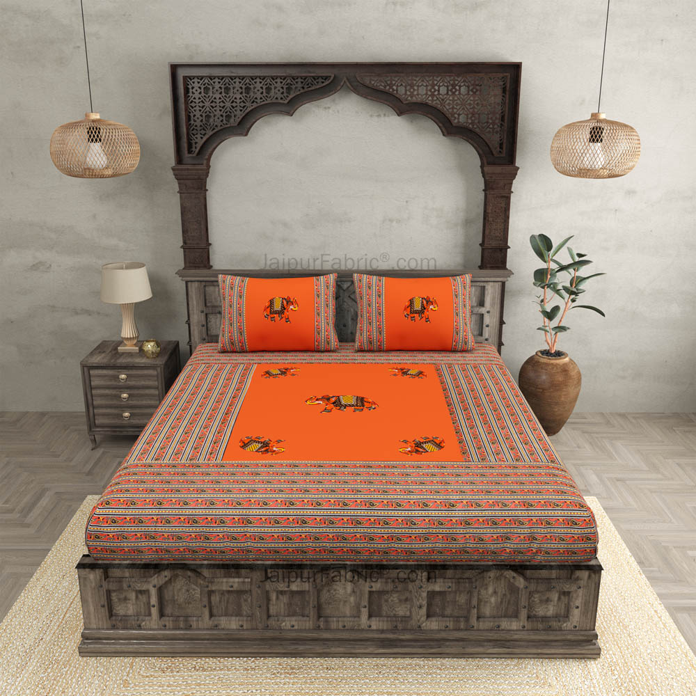 Applique Orange Elephant Jaipuri  Hand Made Embroidery Patch Work Double Bedsheet