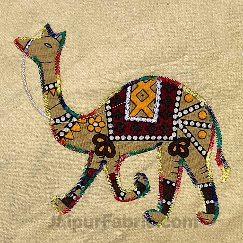 Applique Cream Camel Jaipuri  Hand Made Embroidery Patch Work Double Bedsheet