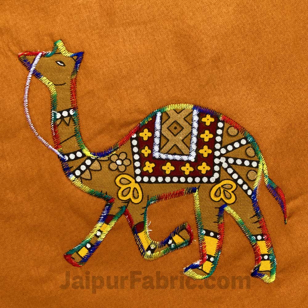 Applique Mustard Camel Jaipuri  Hand Made Embroidery Patch Work Double Bedsheet