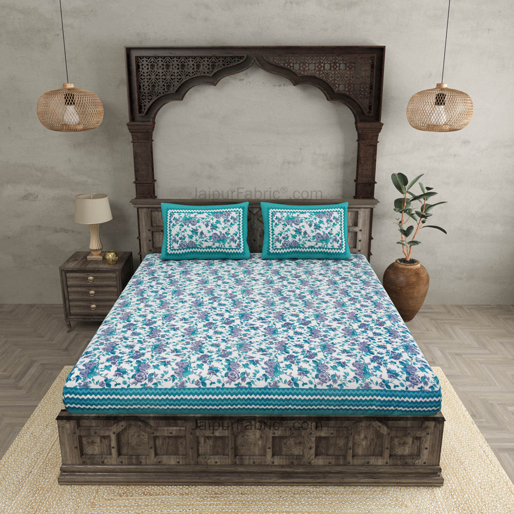 Turquoise Wavy Border and Floral Print Cotton Double Bed Sheet