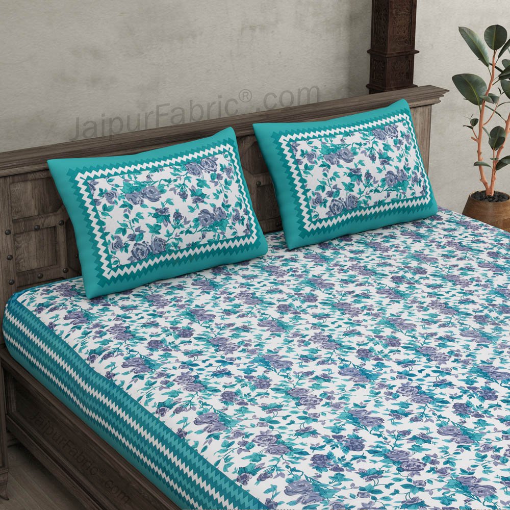 Turquoise Wavy Border and Floral Print Cotton Double Bed Sheet